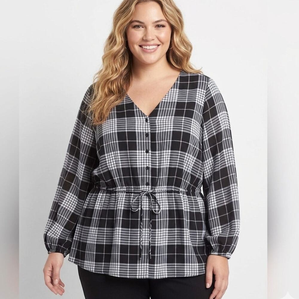 Lane Bryant Plaid Babydoll Top Womens Size 20 Navy Peplum Career Blouse 2X